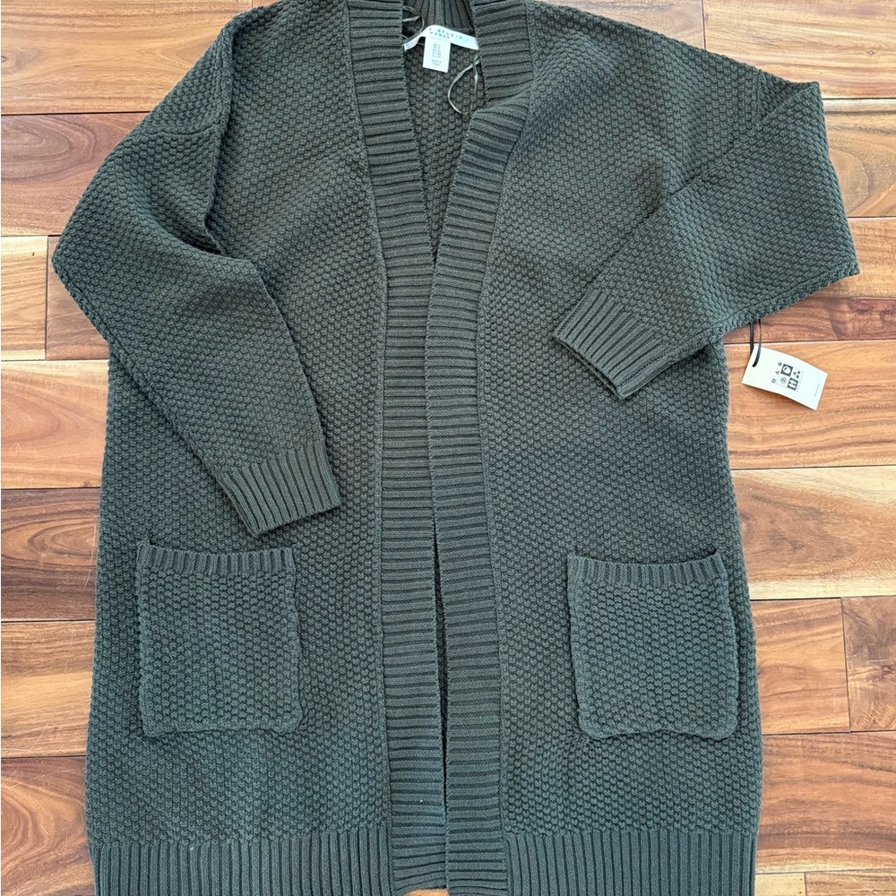 Open-Front Olive Knit Cardigan with Patch Pockets